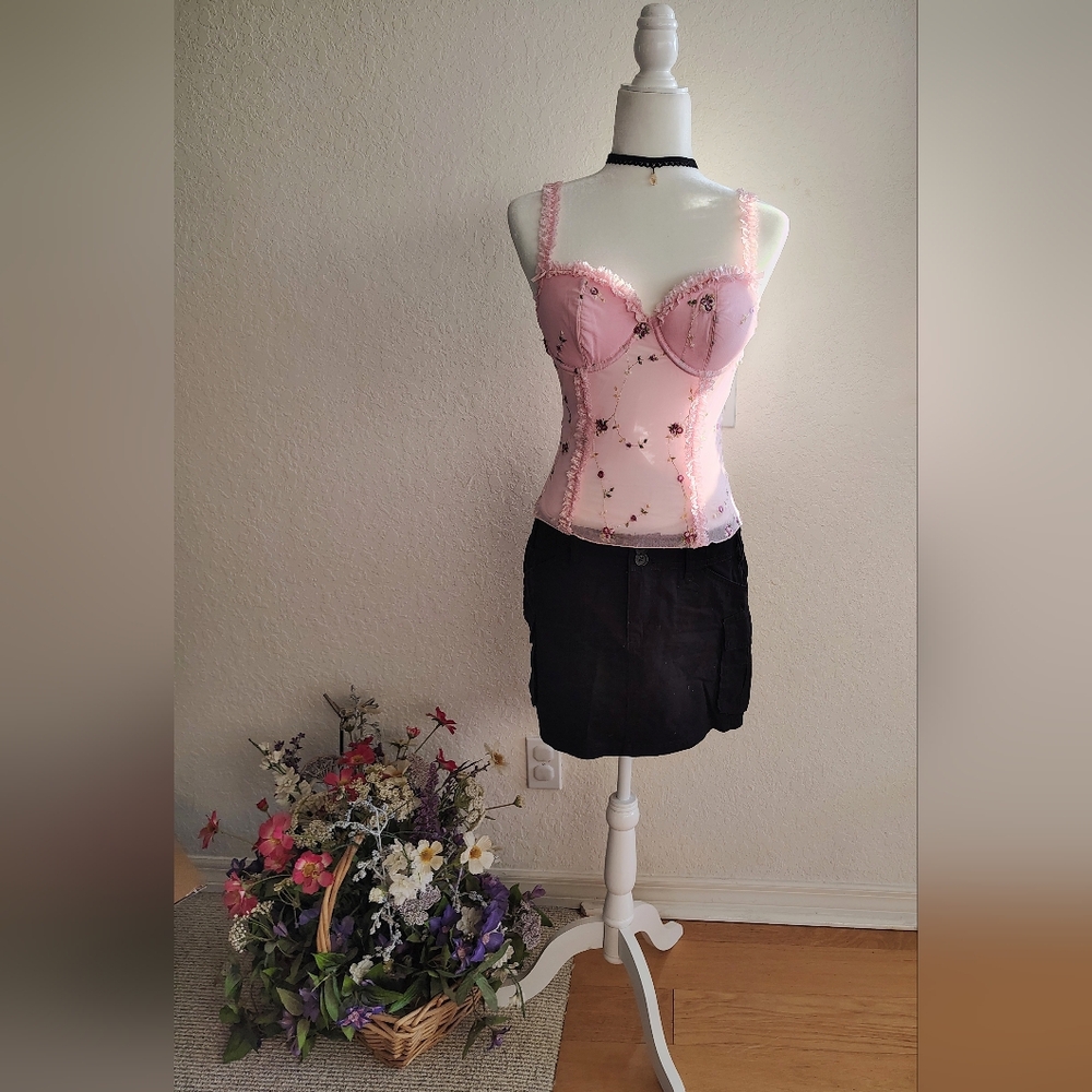Dolls Kill Sugar Thrillz Pink Embroided, Lace Trim Corset Top
